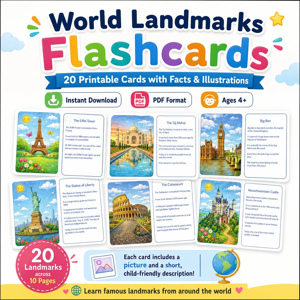 World Landmarks Flashcards – Printable Educational Cards for Kids